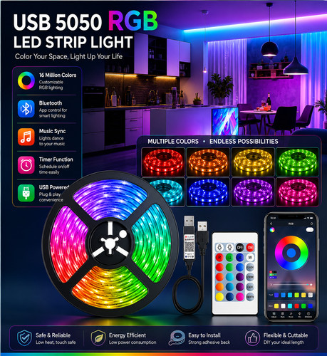 Rgb led strip lights usb - led, 5v